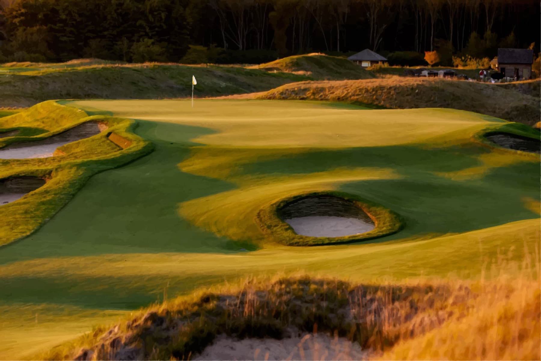 Pot bunkers guarding a green on the par-3 Baths of Blackwolf Run