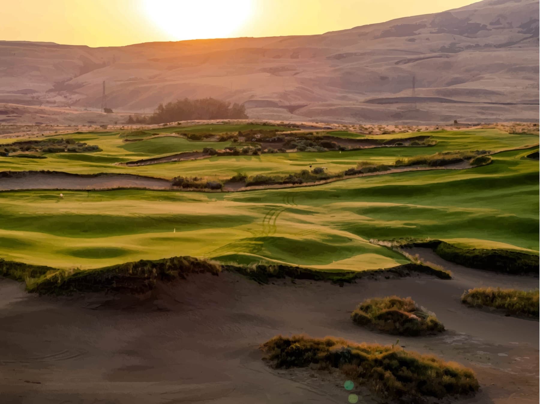 sunset across 12 acres of par 3s—wild contours cut into black sand