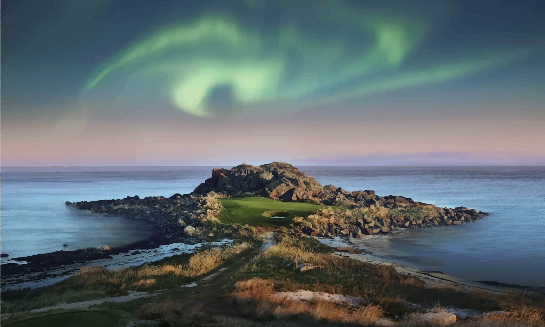 northern lights over the island green