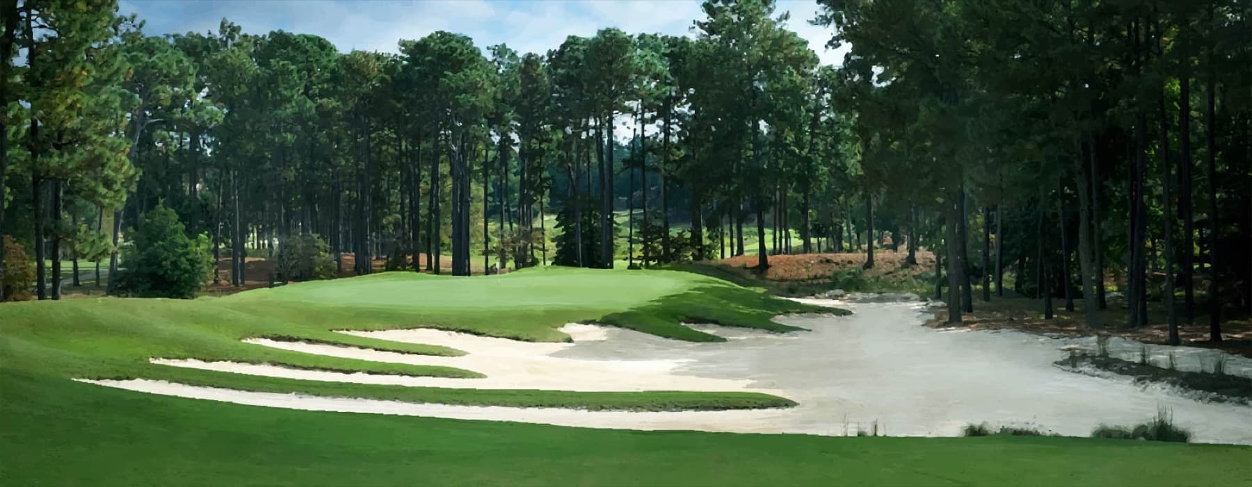 Tiered bunkers guarding a Pinehurst No. 7 green