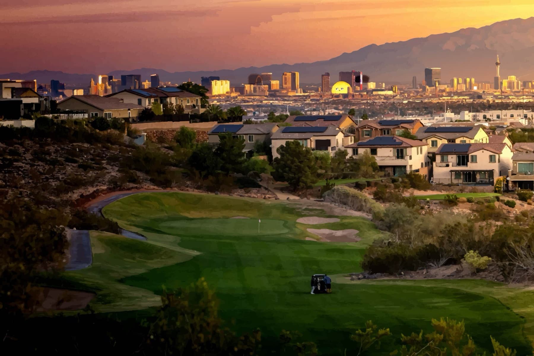 dusk over the back nine, Strip skyline beyond