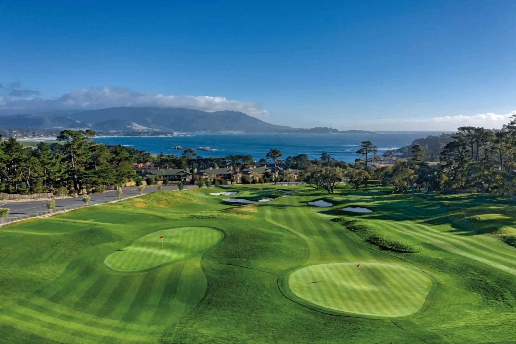 short-course greens with Carmel Bay behind