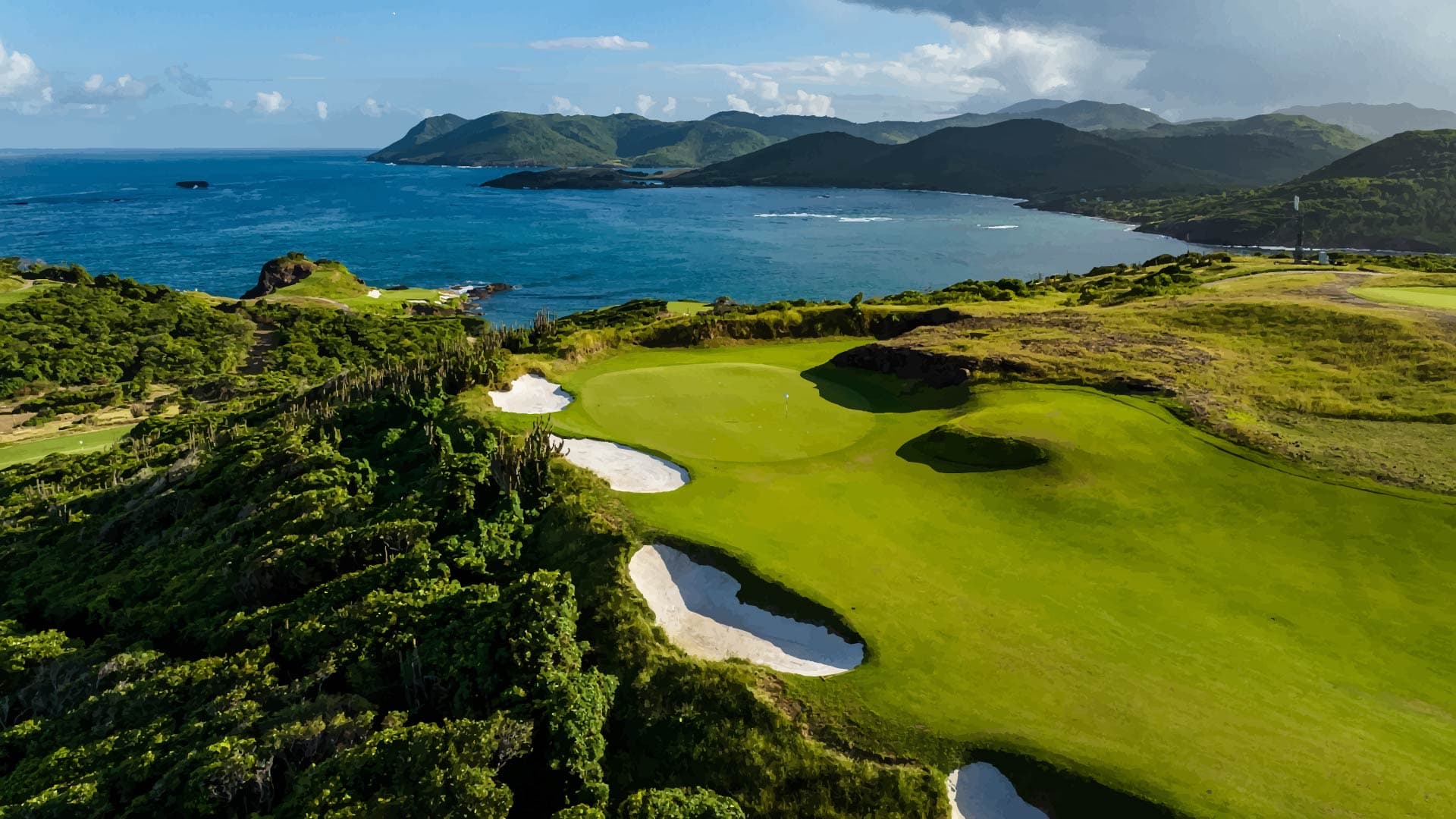 green complexes above the turquoise bay